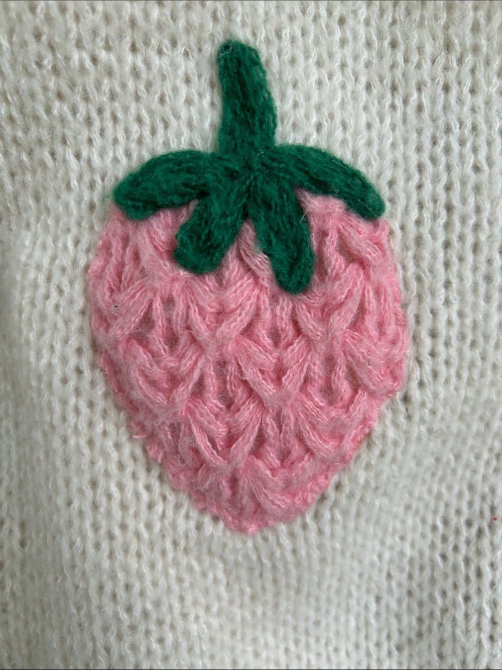 Cottagecore Cream Knit Cardigan with Pink Strawberry Appliqués - Picture 4 of 6